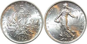 R2991 France 5 Francs Semeuse Roty 1960 Sortie Rouleau Argent FDC > Make Offer