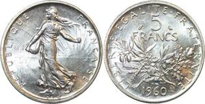 R2998 France 5 Francs Semeuse Roty 1960 Sortie Rouleau Argent FDC > Make Offer