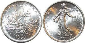 R3004 France 5 Francs Semeuse Roty 1960 Sortie Rouleau Argent FDC > Make Offer