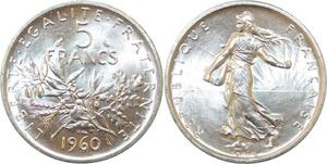R3012 France 5 Francs Semeuse Roty 1960 Sortie Rouleau Argent FDC > Make Offer