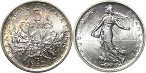 R3059 France 5 Francs Semeuse Roty 1960 Sortie Rouleau Argent FDC > Make Offer