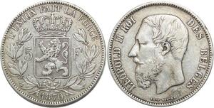 R3076 Belgium 5 Francs Leopold II Wiener 1870 Argent > Make Offer