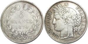 R3082 Rare France 5 Francs Oudiné Cérès 1870 K Bordeaux 3H Argent > Make Offer