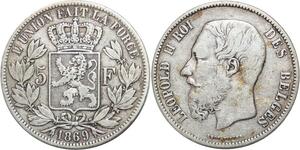 R3085 Belgium 5 Francs Leopold II Wiener 1869 Argent > Make Offer