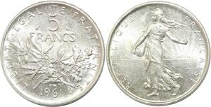 R3116 France 5 Francs Semeuse Roty 1961 Sortie Rouleau Argent SPL+ -> Make Offer