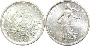 R3117 France 5 Francs Semeuse Roty 1962 Sortie Rouleau Argent SPL -> Make Offer