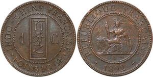 R3406 Rare French Indochina 1 Cent Liberty 1892 A Paris AU+ -> Make Offer