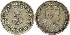 R3453 Malaysia Straits Settlements 5 Cents Edward VII 1910 B Bombay Silver