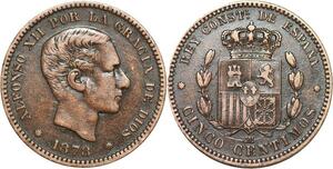 R3872 Spain 5 Centimos Alfonso XII 1878 OM Quality AU -> Make Offer