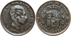 R3876 Spain 5 Centimos Alfonso XII 1879 OM Quality AU