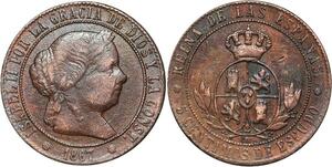 R3912 Spain 5 Centimos Isabel II 1867 OM 8 pointed star Barcelona -> Make Offer