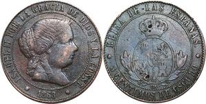 R3913 Spain 5 Centimos Isabel II 1868 OM 8 pointed star Barcelona -> Make Offer