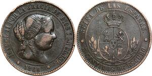 R3916 Spain 5 Centimos Isabel II 1868 OM 8 pointed star Barcelona -> Make Offer