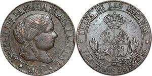 R3917 Spain 5 Centimos Isabel II 1868 OM 8 pointed star Barcelona -> Make Offer