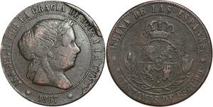 R3922 Spain Error 5 Centimos Isabel II 1867 OM 8 pointed star Barcelona >Offer