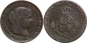 R3927 Spain 2 1/2 Centimos Isabel II 1867 OM 8 pointed star Barcelona -> M Offer