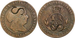 R3928 Rare Countermark Colonies Santiago San Jose 2 1/2 Centimos Isabel II 1868