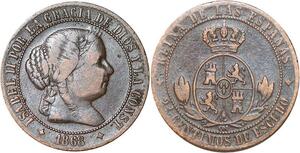 R3931 Spain 2 1/2 Centimos Isabel II 1868 OM 4 pointed star Jubia -> Make Offer