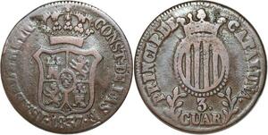 R3933 Spain Catalonia 3 Cuartos Isabel II 1837 -> Make Offer