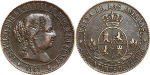 R3954 Spain 2 1/2 Centimos Isabel II 1867 OM 8 pointed star Barcelona AU ->Offer