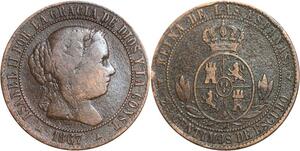 R3955 Spain 2 1/2 Centimos Isabel II 1867 OM 3 pointed star Segovia -> M Offer