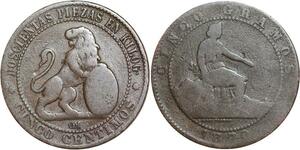 R3961 Spain 5 Centimos Provisional Government 1870 OM -> Make Offer