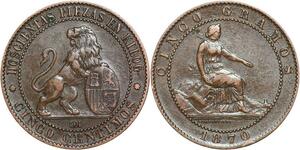 R3962 Spain 5 Centimos Provisional Government 1870 OM Quality AU -> Make Offer