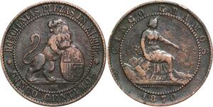 R3963 Spain 5 Centimos Provisional Government 1870 OM 8 pointed star Barcelona