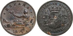 R3965 Spain 2 Pesetas Provisional Government 1870 (73) Silver -> Make Offer