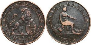 R3966 Spain 5 Centimos Provisional Government 1870 OM 8 pointed star Barcelona