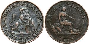 R3967 Spain 5 Centimos Provisional Government 1870 OM 8 pointed star Barcelona