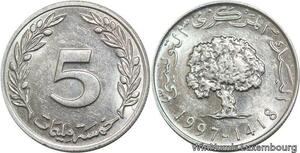 R4381 Tunisia 5 Milliemes Millim Oak tree 1997 UNC -> Make offer