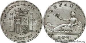 R4638 Rare Spain 5 Pesetas Govertment 1870 (70) SN M Madrid Silver -> Make offer