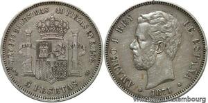 R4640 Rare Spain 5 Pesetas  Amedeo I 1871 (75) DE M Madrid Silver -> Make offer