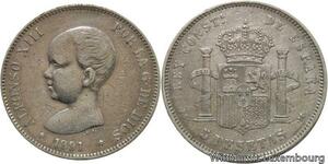 R4641 Spain 5 Pesetas Alfonso XIII 1891 (91) PG M Madrid Silver -> Make offer