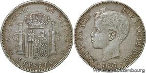 R4642 Spain 5 Pesetas  Alfonso XIII 1897 (97) SG V Madrid Silver -> Make offer
