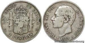 R4644 Spain 2 Pesetas Alfonso XII 1879 (79) EM M Madrid Silver -> Make offer