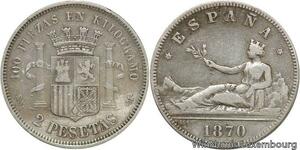 R4645 Spain 2 Pesetas Govertment 1870 (70) SN M Madrid Silver -> Make offer