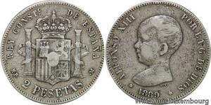 R4646 Spain 2 Pesetas Alfonso XIII 1889 (89) MP M Madrid Silver -> Make offer