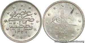 R4688 Rare Ottoman Emp Turkey 2 Kurush Mehmet V AH 1327 /6 1910 Silver PCGS MS63