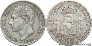 R4755 Spain 50 Centimos Alfonso XII 1880 (80) MS M Madrid Silver -> Make offer