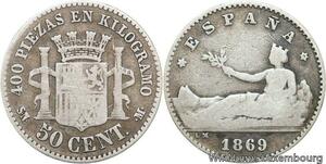 R4756 Spain 50 Centimos Provisional Government 1869 (69) SN M Madrid Silver