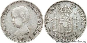 R4758 Spain 50 Centimos Alfonso XIII 1892 (92) PG-M Madrid Silver -> Make offer