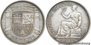 R4762 Spain 1 Peseta Seated figure holding sprig 1933 (34) Silver AU ->M Offer