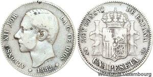 R4764 Spain 1 Peseta Alfonso XII 1882 (82) MS-M Madrid Silver -> Make offer