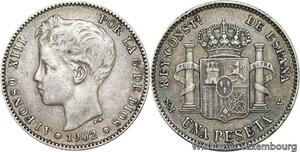 R4767 Rare Spain 1 Peseta Alfonso XIII 1902 (02) SM-V Madrid Silver ->Make offer