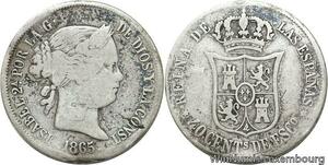 R4770 Spain 40 Centimos Escudo Isabel II 1865 Madrid 6 pointed star Silver