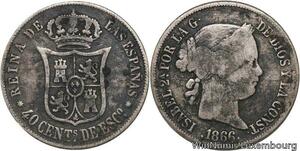 R4771 Spain 40 Centimos Escudo Isabel II 1866 Sevilla 7 pointed star Silver