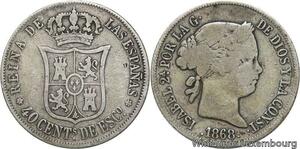 R4772 Spain 40 Centimos Escudo Isabel II 1868 (68) Madrid 6 pointed star Silver
