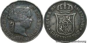 R4773 Spain 40 Centimos Escudo Isabel II 1866 Madrid 6 pointed star Silver